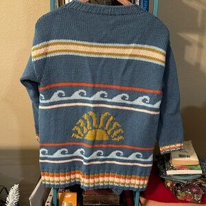 Retro Style Wool Alpaca Blue Knit Open Cardigan with Sun and Wave Design